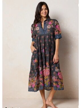 NWT NATURAL LIFE Dress Rebecca Cotton English Garden Charcoal Medium
